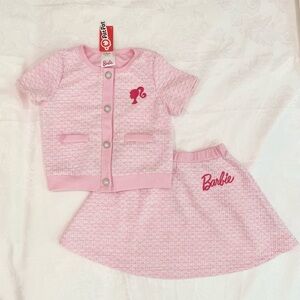 Barbie Girls Graphic Tweed Short Sleeves Cardigan with Plaid Skirt Pink 2pcs Set